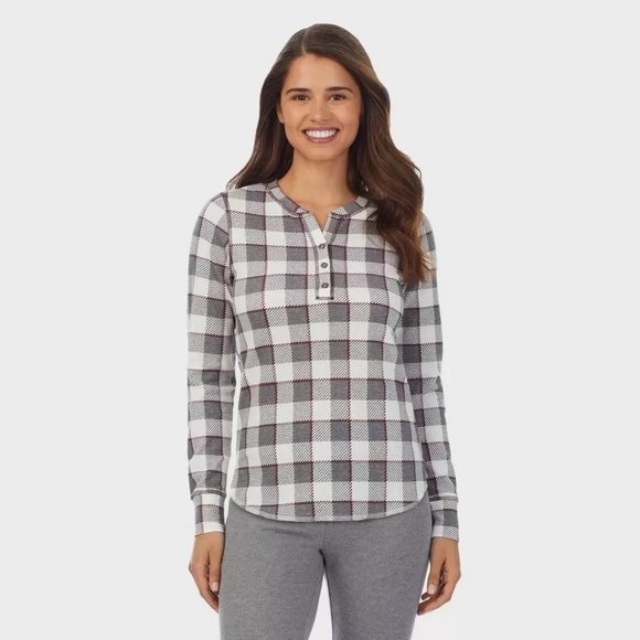 Women's Warm Waffle Thermal Henley Shirt - Gray/Ivory/White M Medium - Picture 1 of 7